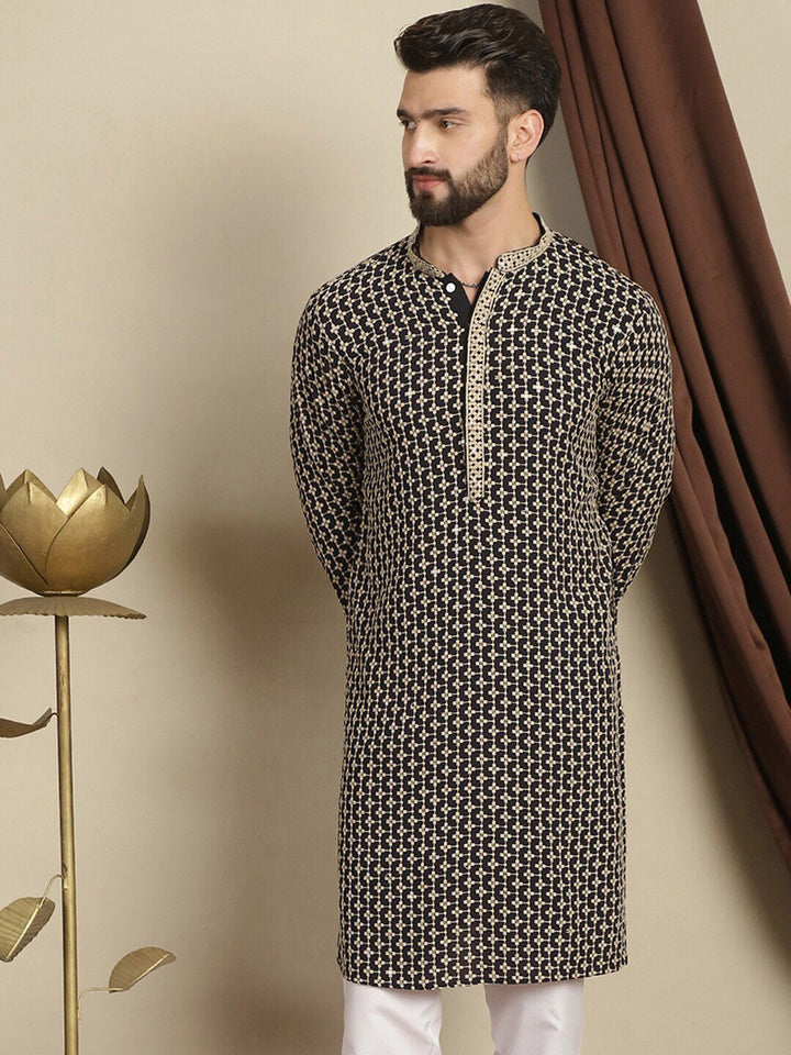 Anouk Geometric Printed Mandarin Collar Long Sleeves Cotton Sequinned Kurta