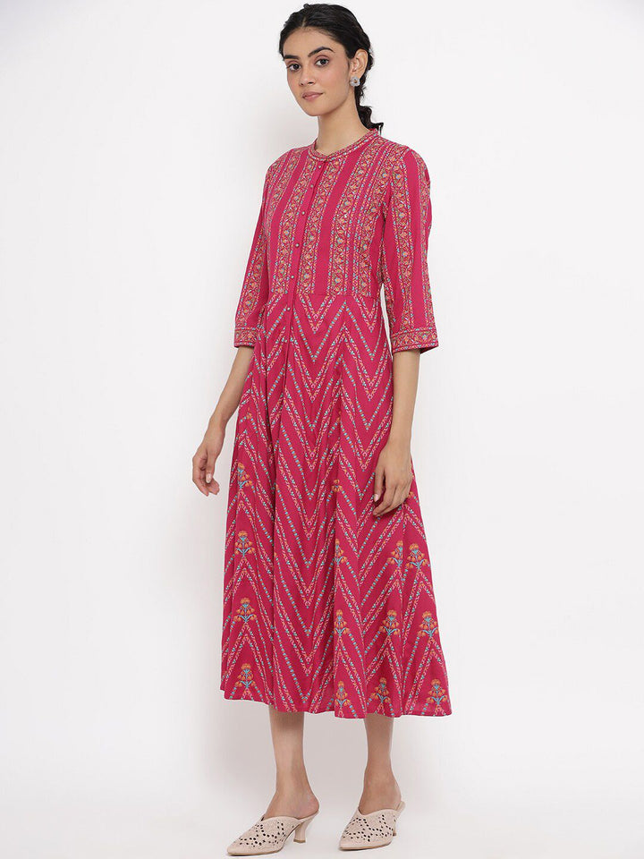 W Women Fuchsia & Pink Ethnic Motifs Ethnic A-Line Midi Dress