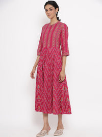 W Women Fuchsia & Pink Ethnic Motifs Ethnic A-Line Midi Dress