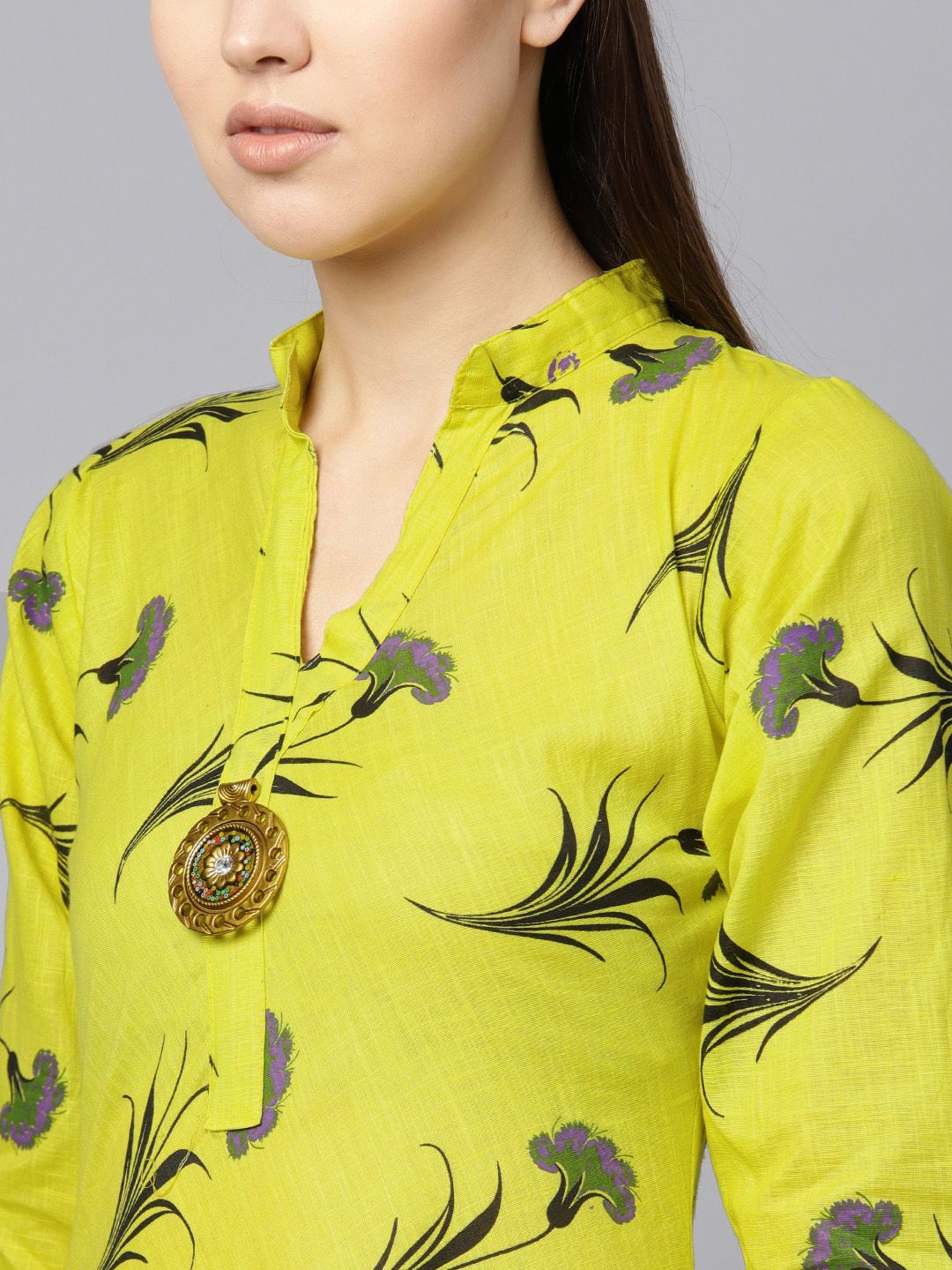 SOJANYA Wanita Lime Green & Black Floral Print Kurta A-Line