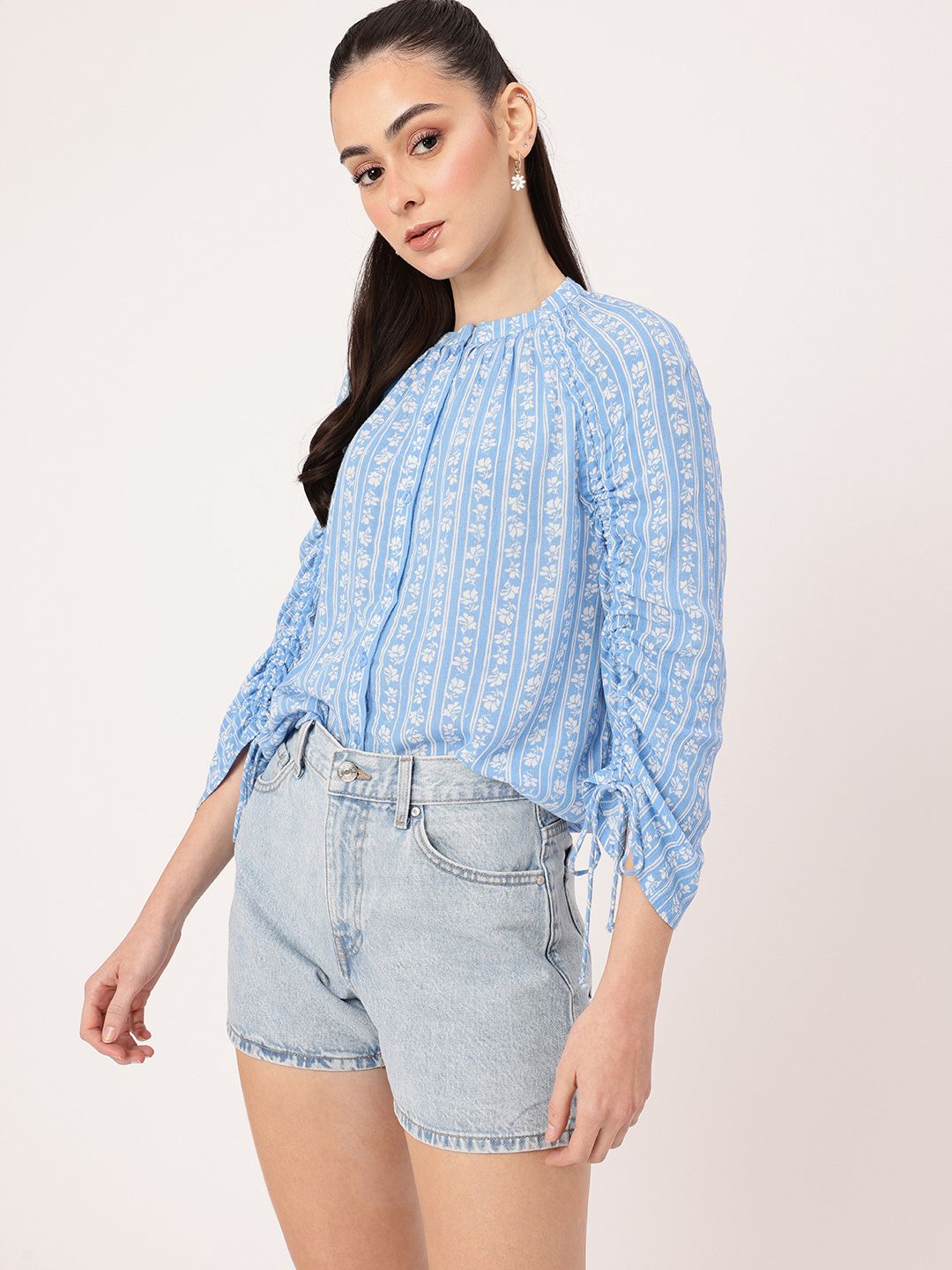 DressBerry Soft Blossom Printed Ruched Raglan Sleeves Shirt