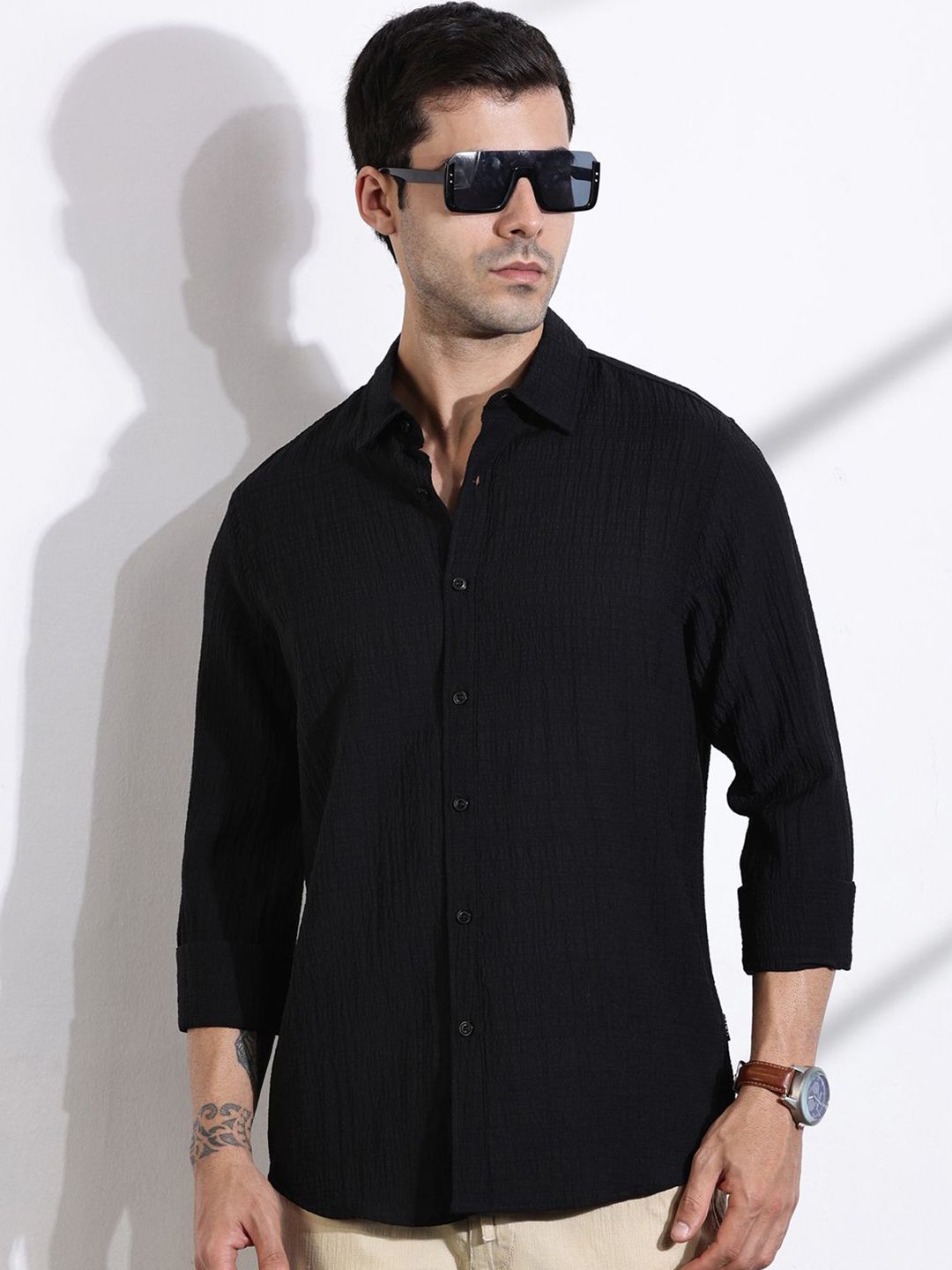 Thomas Scott Men Classic Slim Fit Spread Collar Textured Casual Shirt