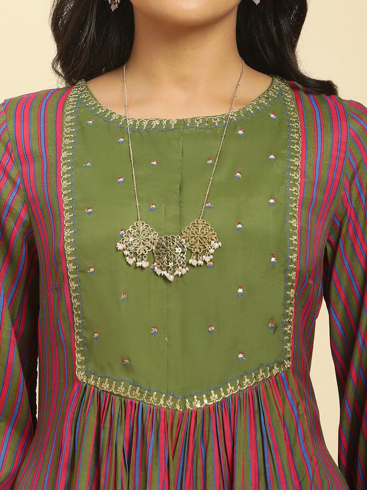 W Striped Thread Work A-Line Kurta with Trousers