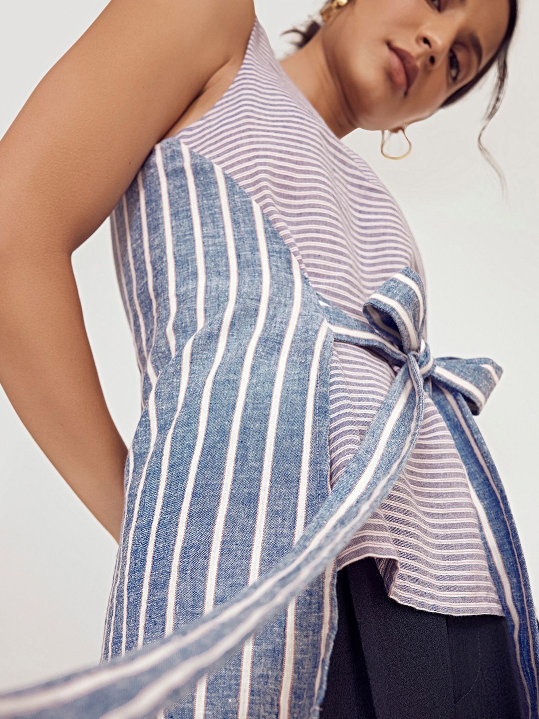 The Label Life Horizontal Striped V-Neck Sleeveless Tie-Ups Detail Cotton A-Line Top