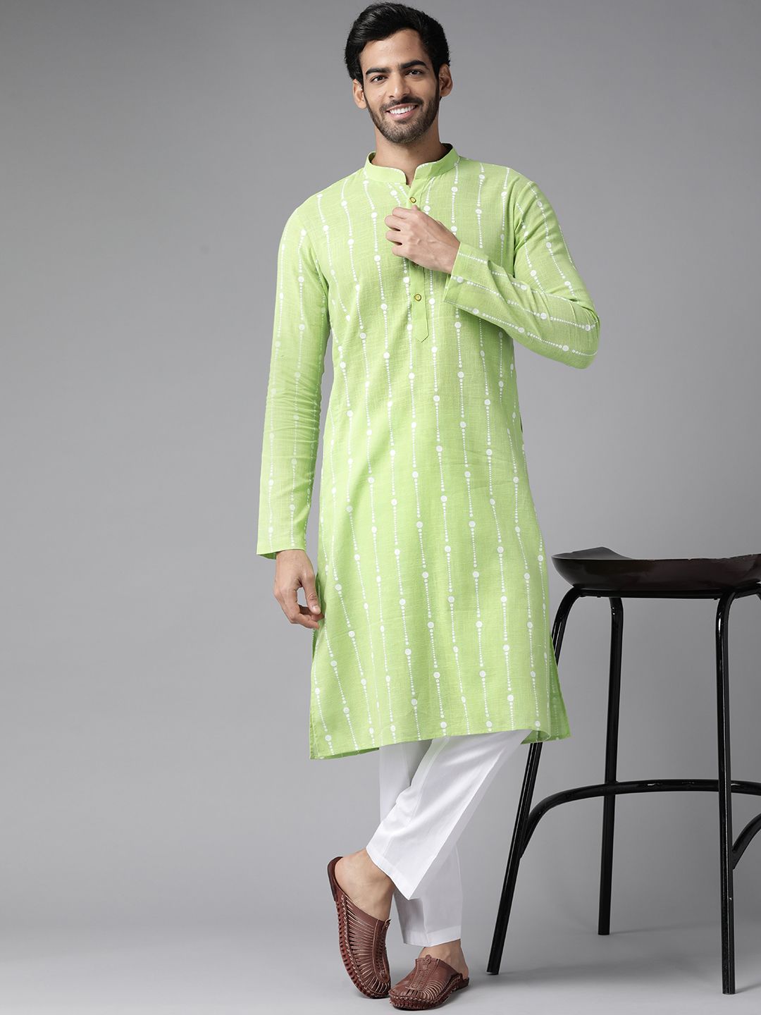 See Designs Men Lime Green & White Pure Cotton Printed Kurta with Pyjamas