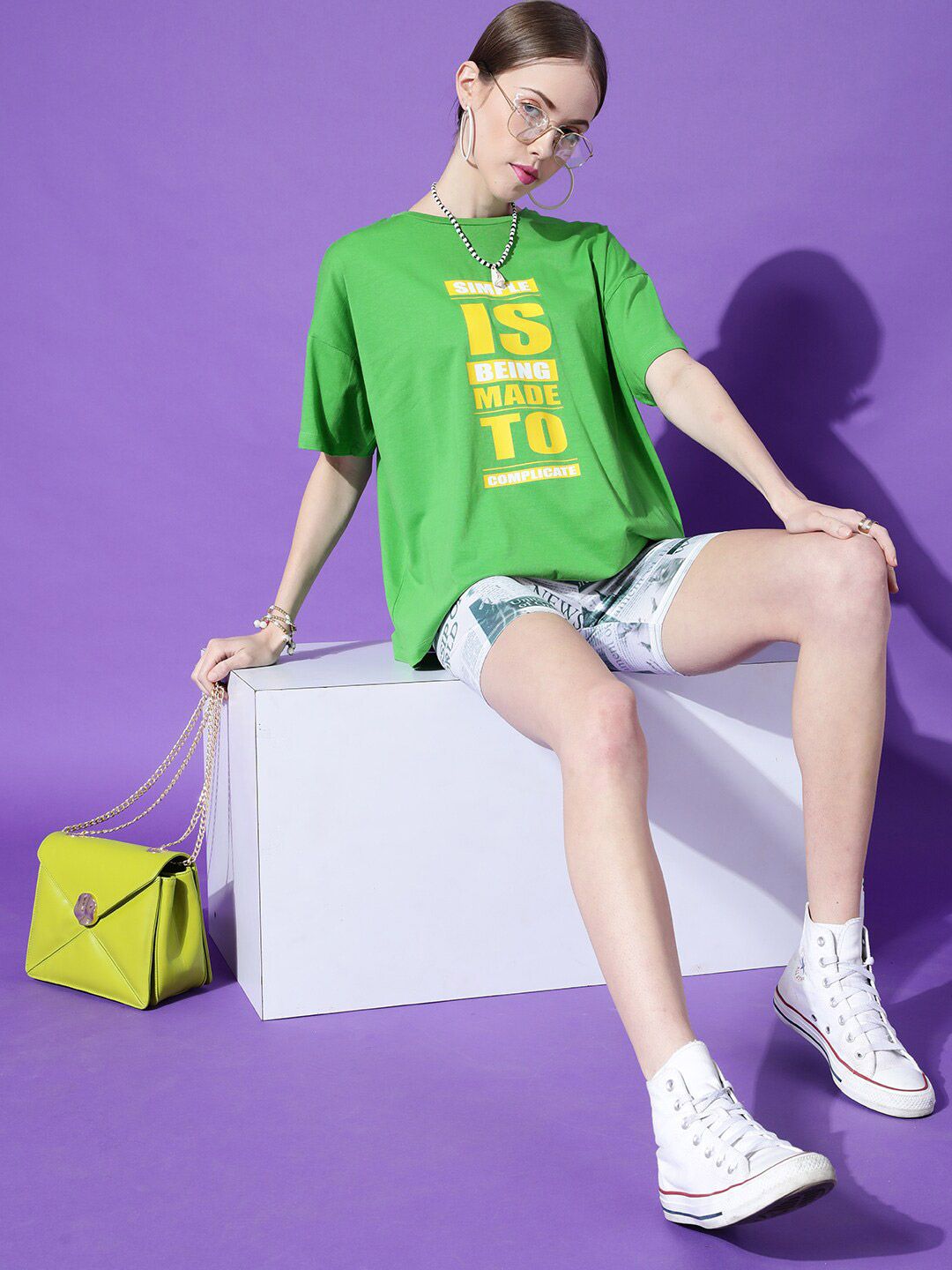 STREET 9 Women Green Typography Printed Drop-Shoulder Sleeves Oversized Cotton T-shirt