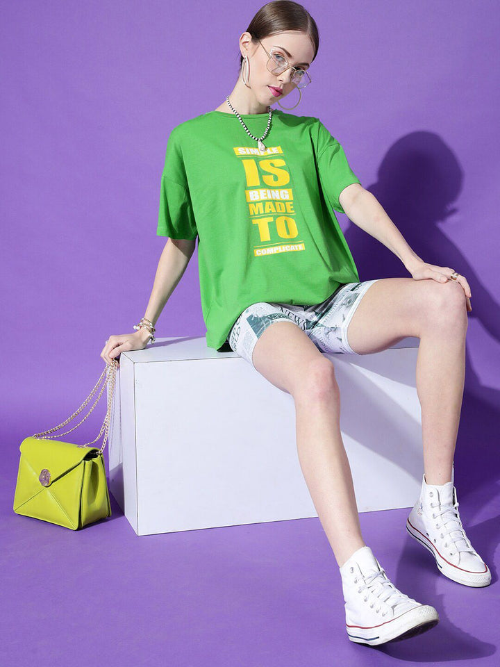 STREET 9 Women Green Typography Printed Drop-Shoulder Sleeves Oversized Cotton T-shirt