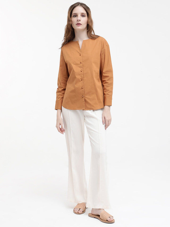 RAREISM Cotton Notched Neck Cuffed Sleeves Styled Back Casual Top