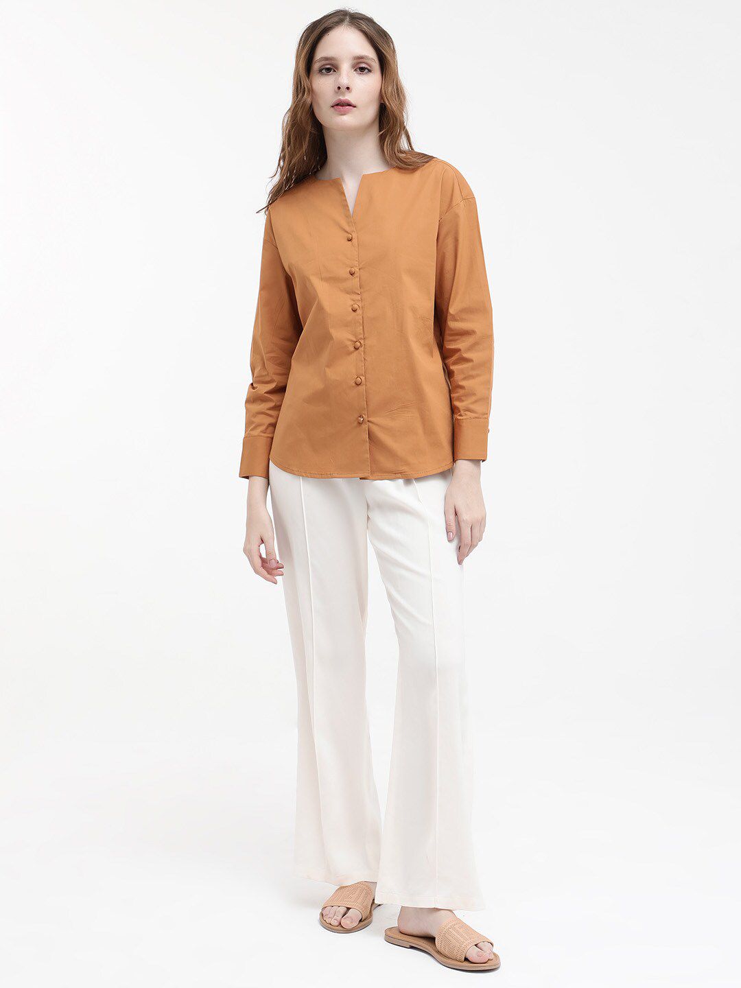 RAREISM Cotton Notched Neck Cuffed Sleeves Styled Back Casual Top