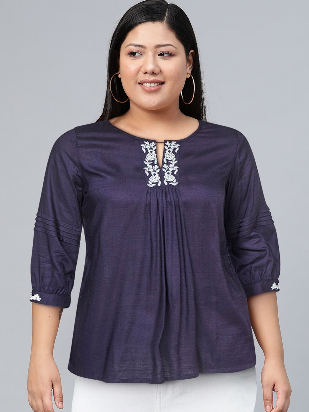 Global Desi Women Blue Keyhole Neck Top