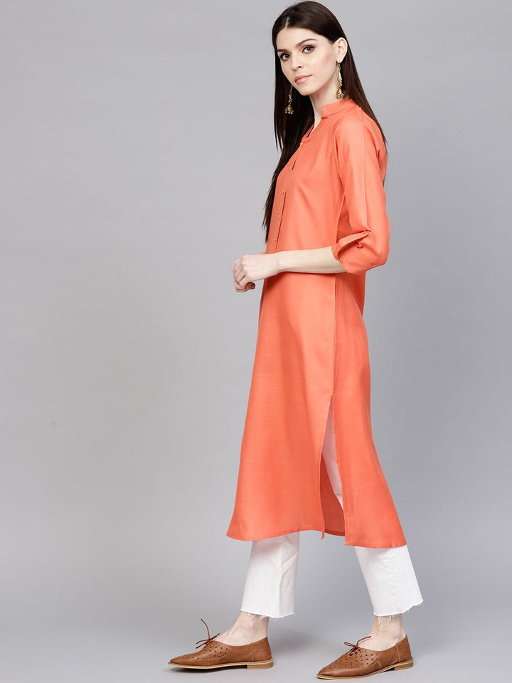 Libas Women Coral Orange Solid Straight Kurta