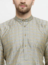 SOJANYA Men Grey & Gold-Toned Checked Straight Kurta