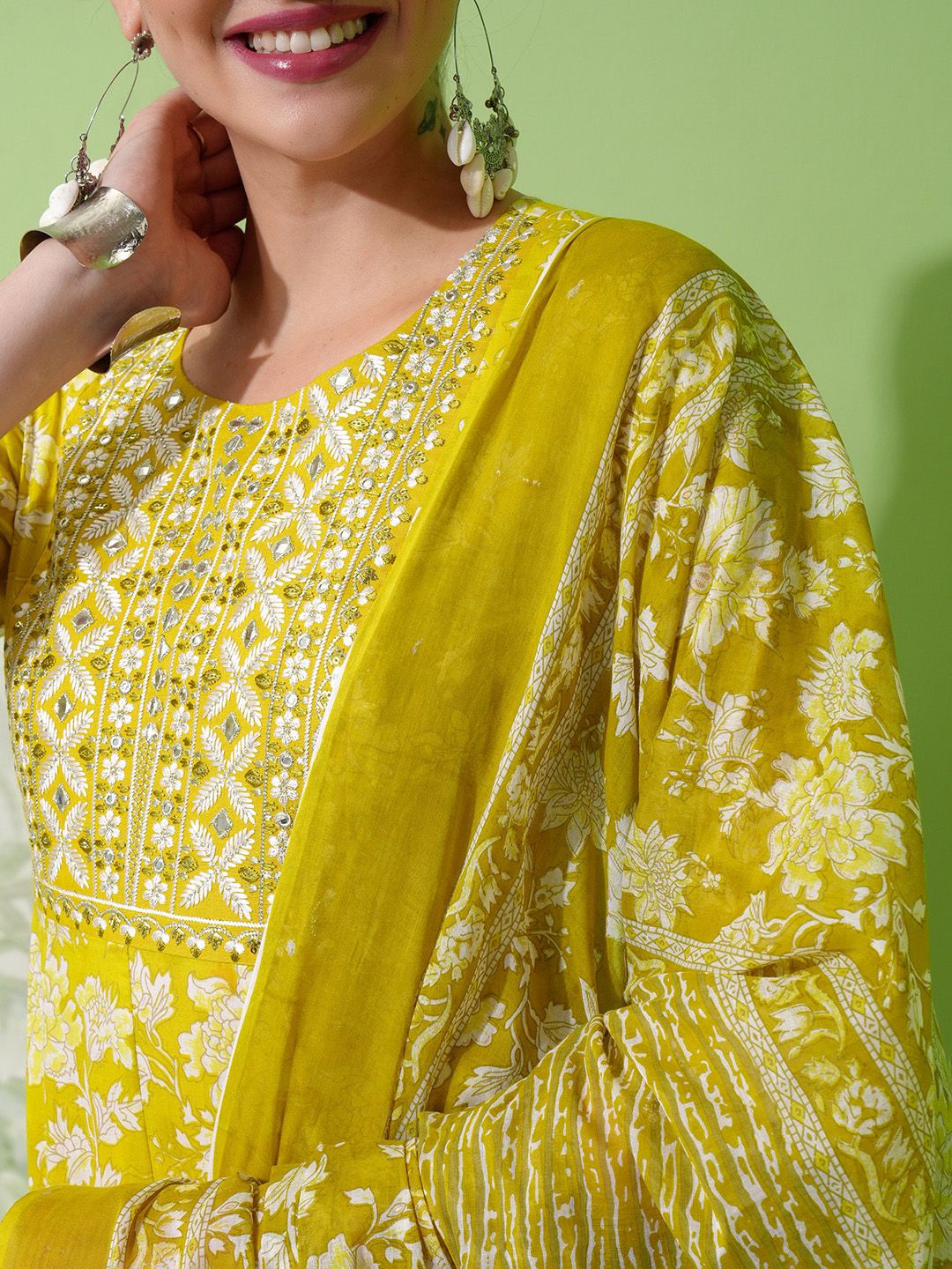 Vishudh Olive Green Printed Thread Work Pure Cotton Anarkali Kurta With Trousers & Dupatta