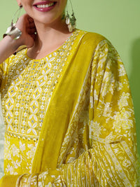 Vishudh Olive Green Printed Thread Work Pure Cotton Anarkali Kurta With Trousers & Dupatta