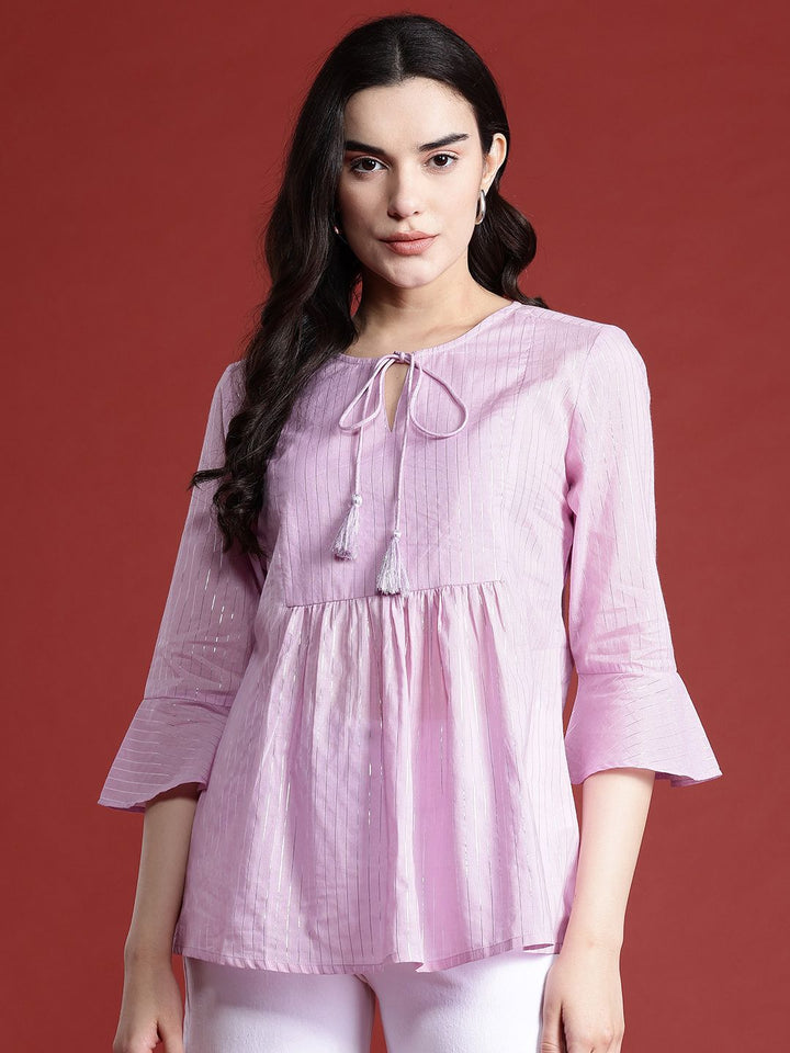 all about you Striped Tie-Up Neck Bell Sleeves Top