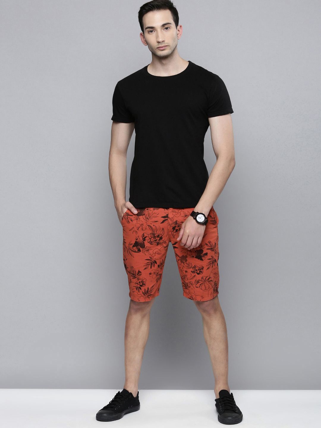 The Indian Garage Co Men Rust Floral Printed Slim Fit Regular Shorts