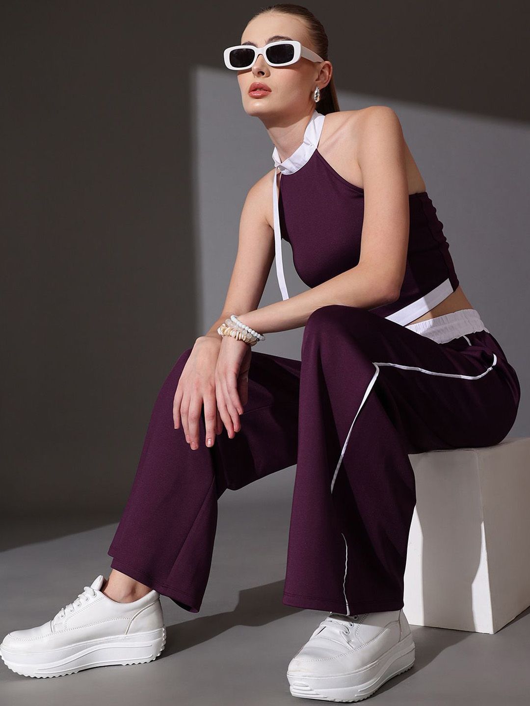 STREET 9 Pure Cotton Solid Halter Neck Top & Trousers Set