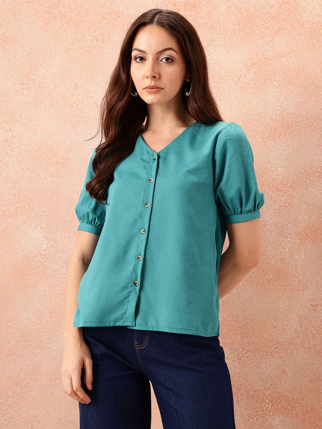 all about you Textured Puff Sleeves Top