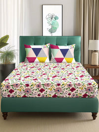 Story@home  Arena White & Purple Floral Printed 180 TC Queen Bedsheet & 2 Pillow Covers