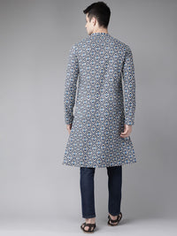See Designs Men Blue & Grey Geometric Block Print Cotton Sustainable Handloom Kurta