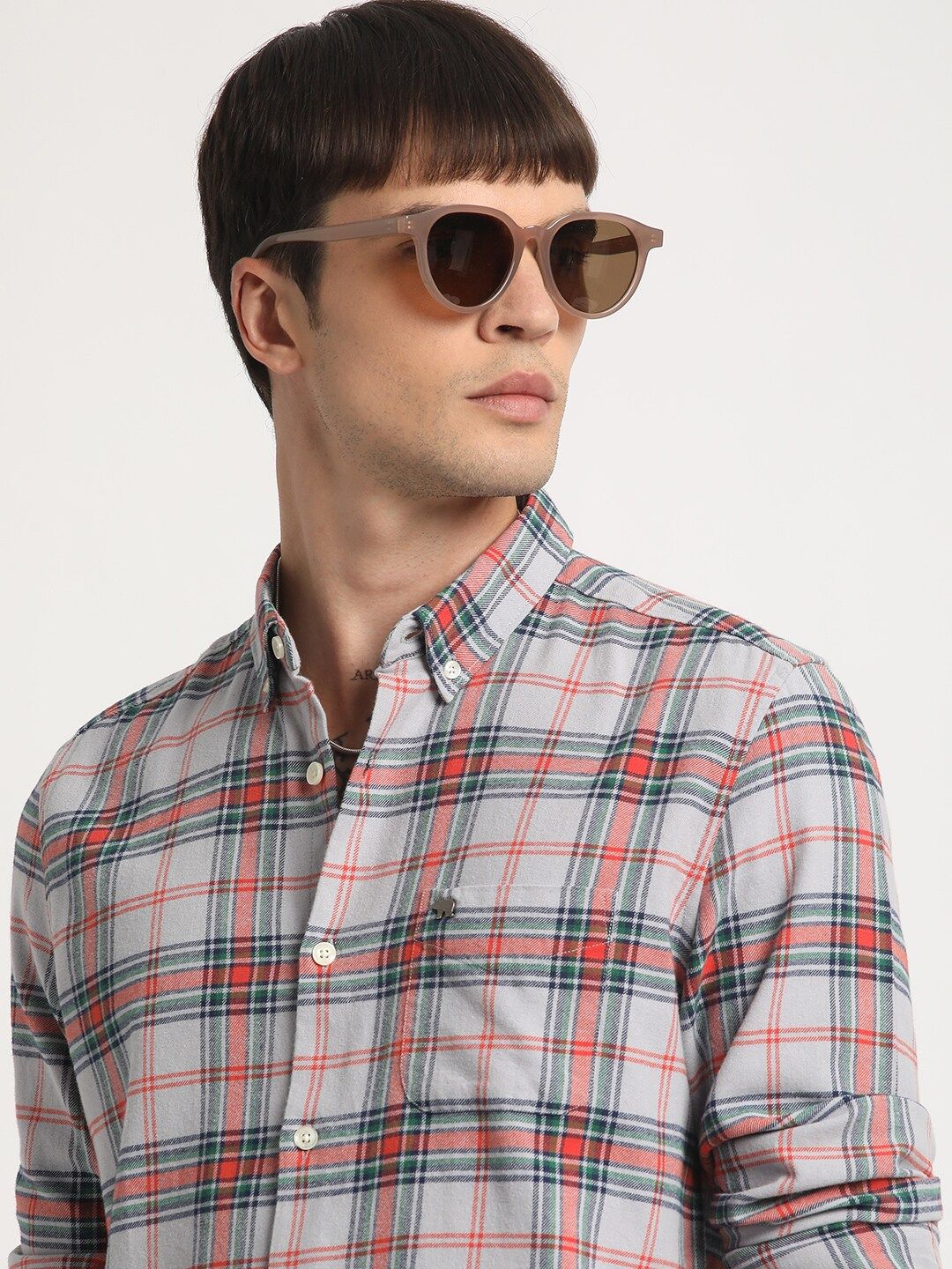 THE BEAR HOUSE Slim Fit Button-Down Collar Tartan Checked Pure Cotton Casual Shirt