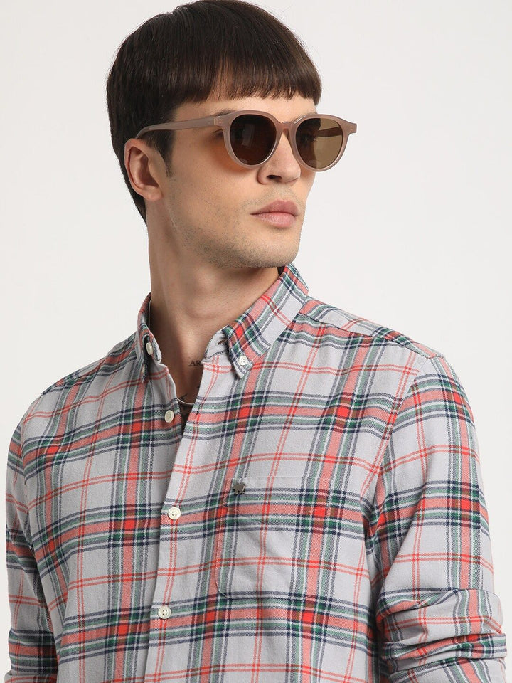 THE BEAR HOUSE Slim Fit Button-Down Collar Tartan Checked Pure Cotton Casual Shirt