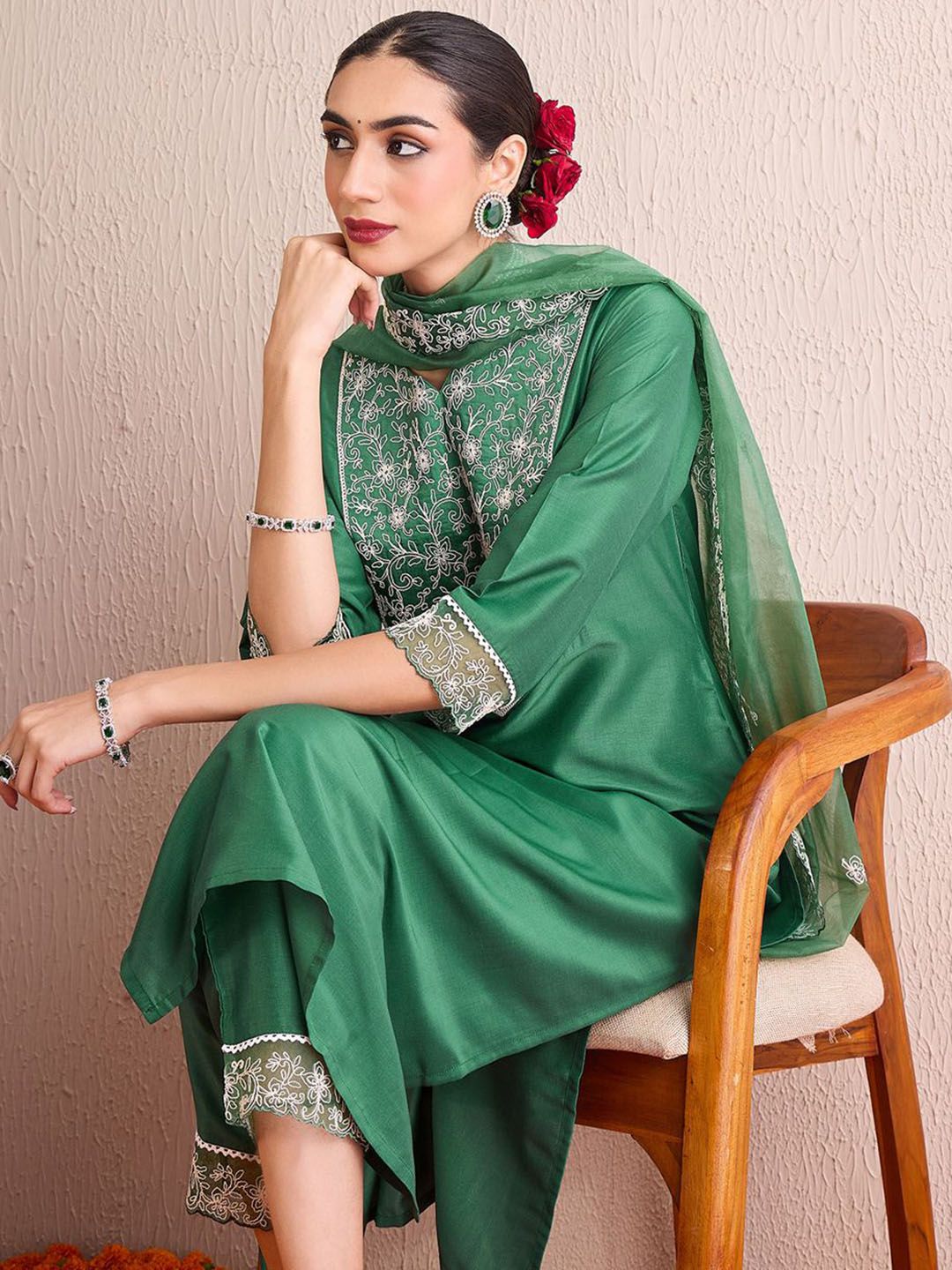 Indo Era Women Ethnic Motifs Yoke Design Regular Thread Work Kurta with Trousers & With Dupatta