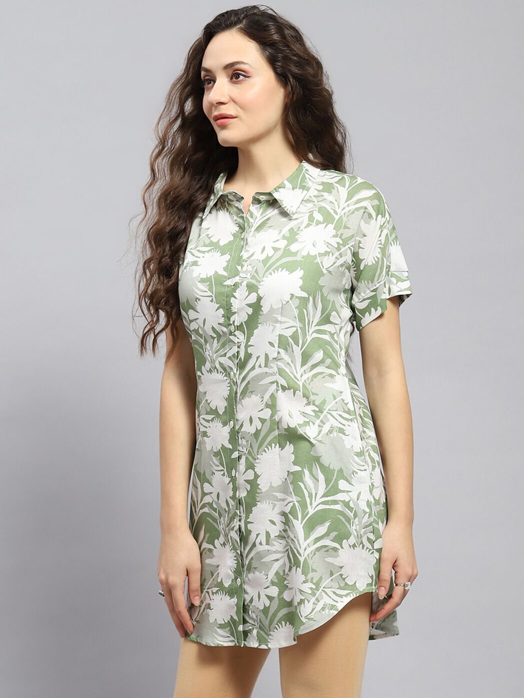 Monte Carlo Linen Shirt Collar Printed Tunic