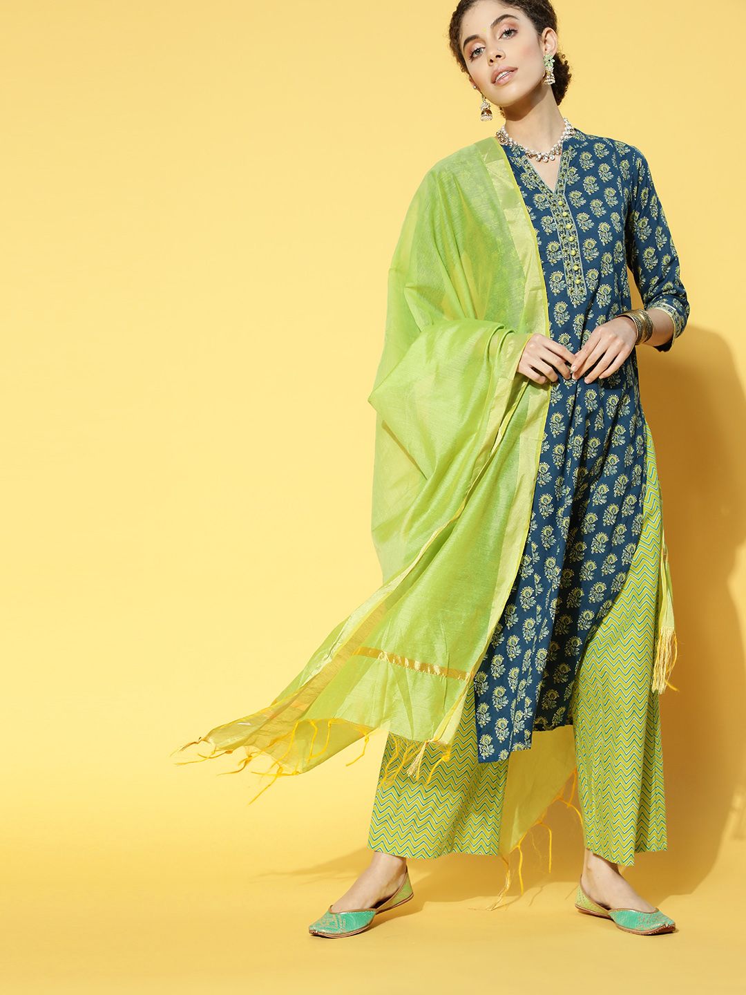 Indo Era Printed Cotton Blend Kurta Set