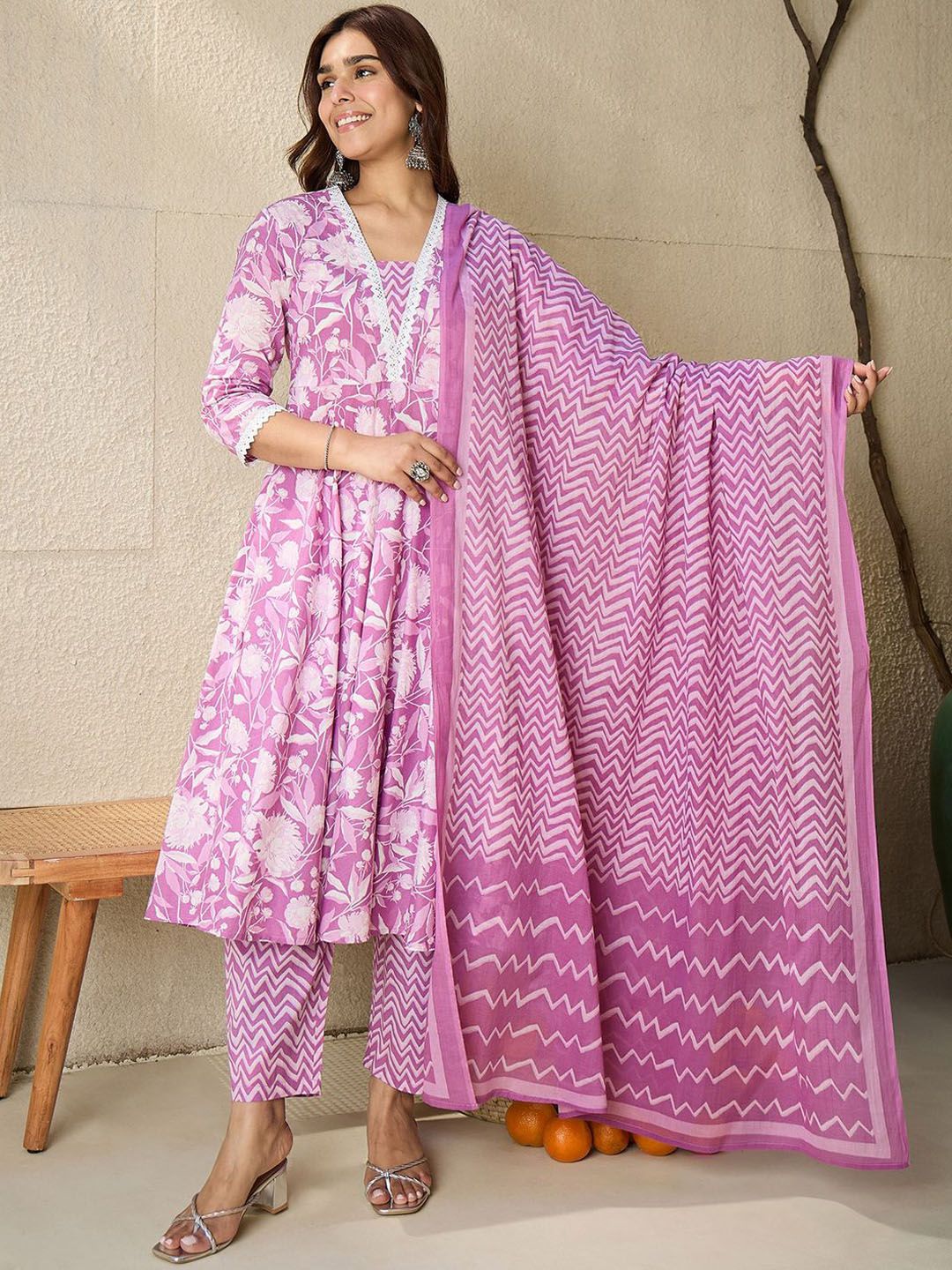 Indo Era Floral Printed V Neck Pure Cotton Panelled A-Line Kurta with Trousers & Dupatta