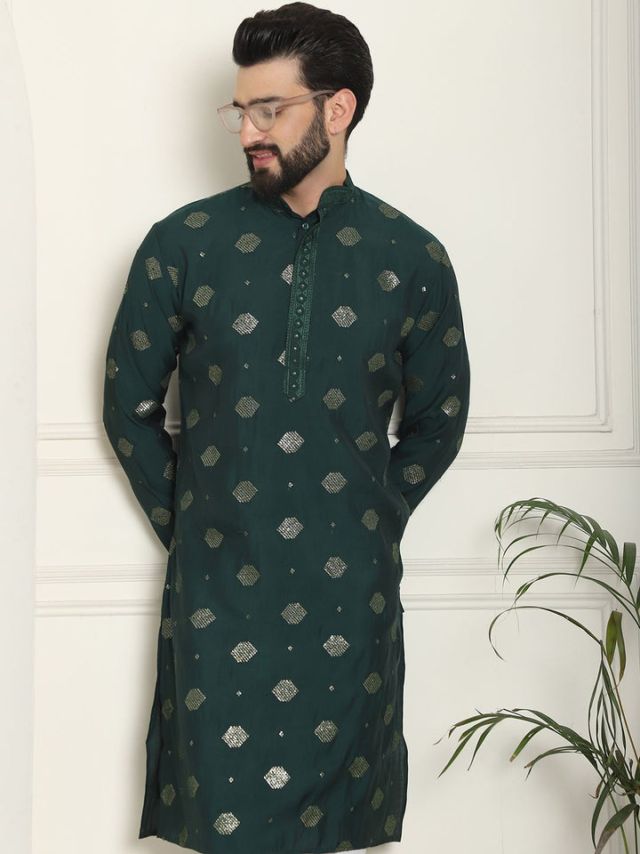SOJANYA Men  Cotton Silk Sequinned Embroidered Green Long Geometric Thread Work Kurta