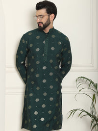 SOJANYA Men  Cotton Silk Sequinned Embroidered Green Long Geometric Thread Work Kurta