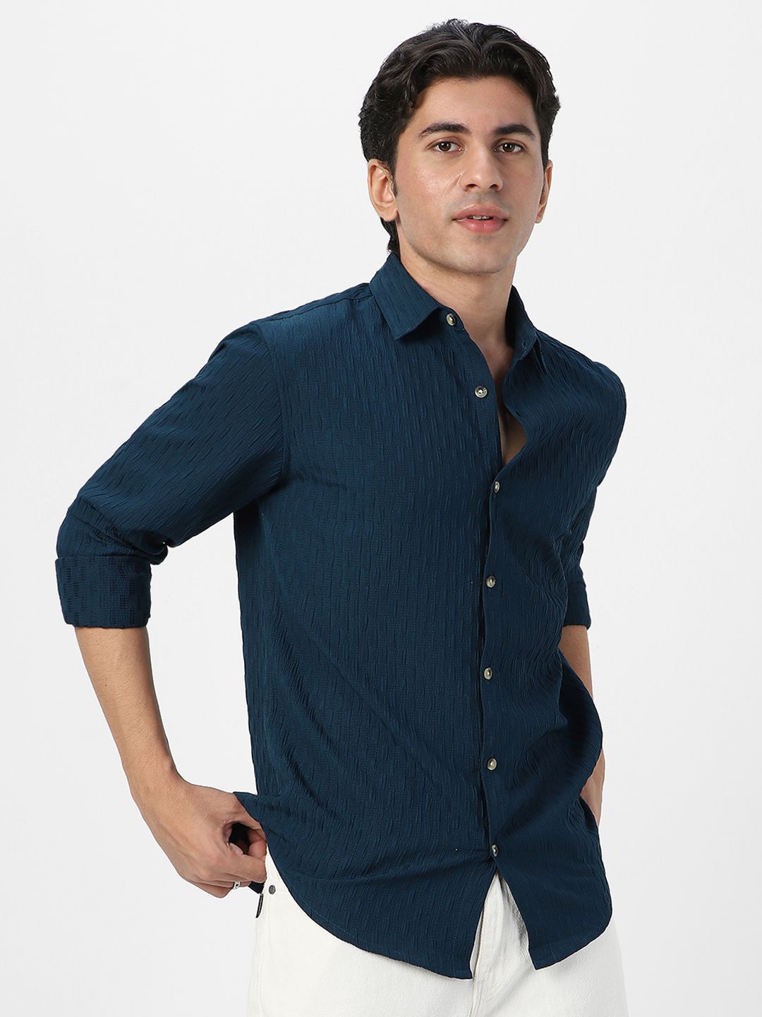 Urbano Fashion Men Spread Collar Textured Cotton Casual Shirt
