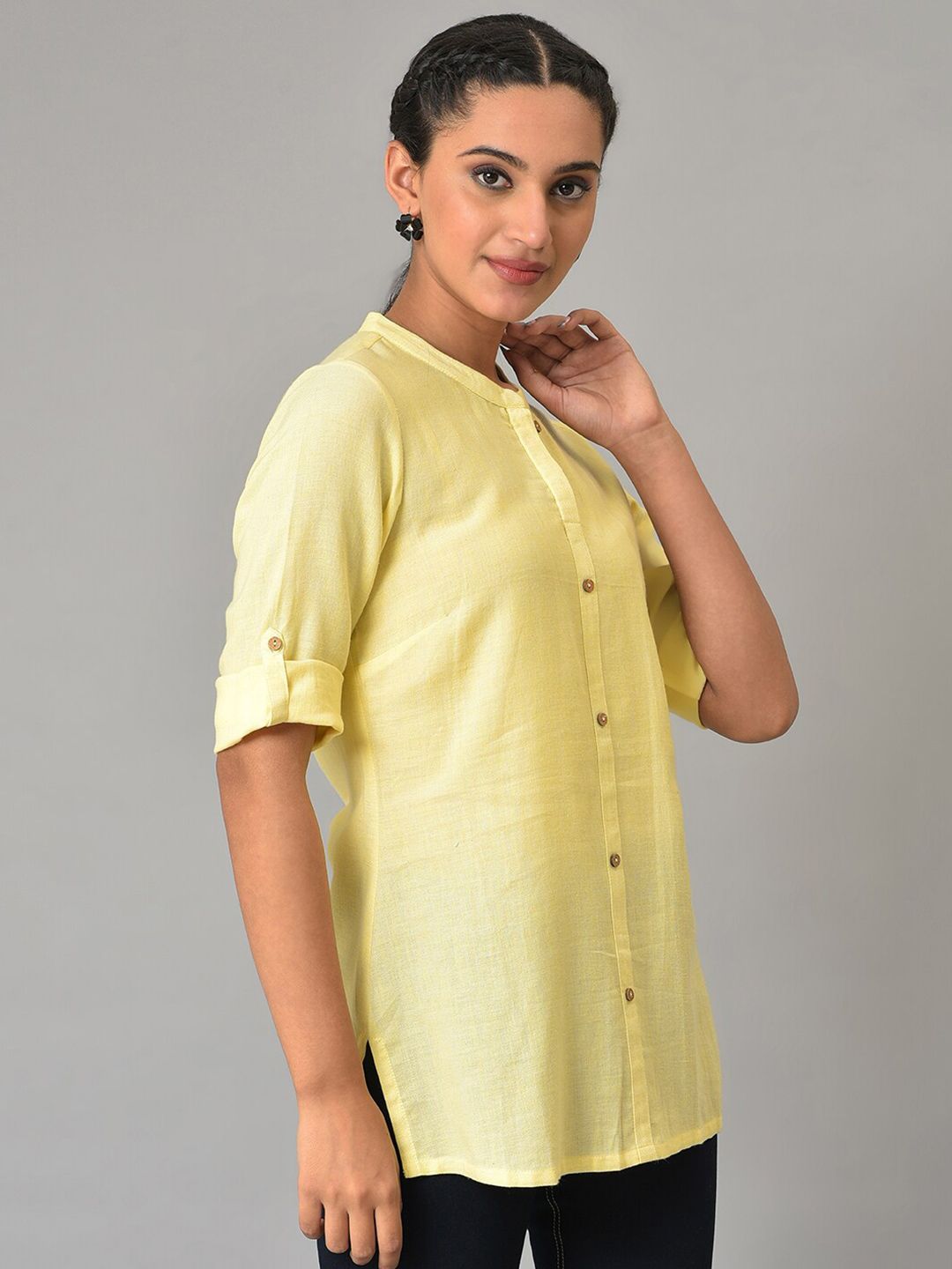 AURELIA Woven Design Mandarin Collar Roll Up Sleeves Straight Short Kurti