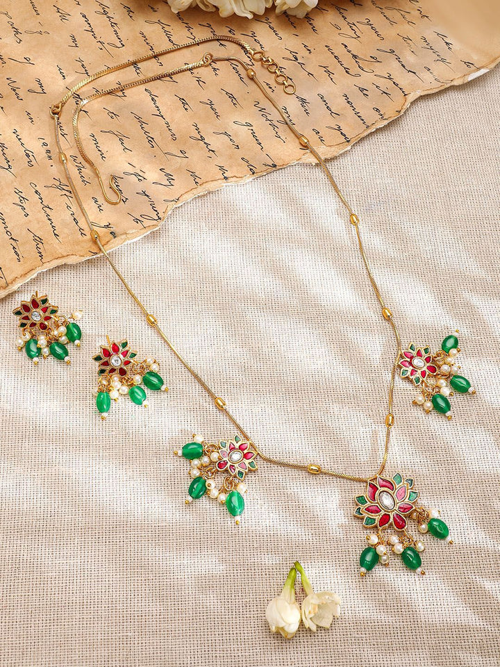 Rubans 22K Kalung Long Pink & Green Kundan yang berlapis emas dengan anting-anting