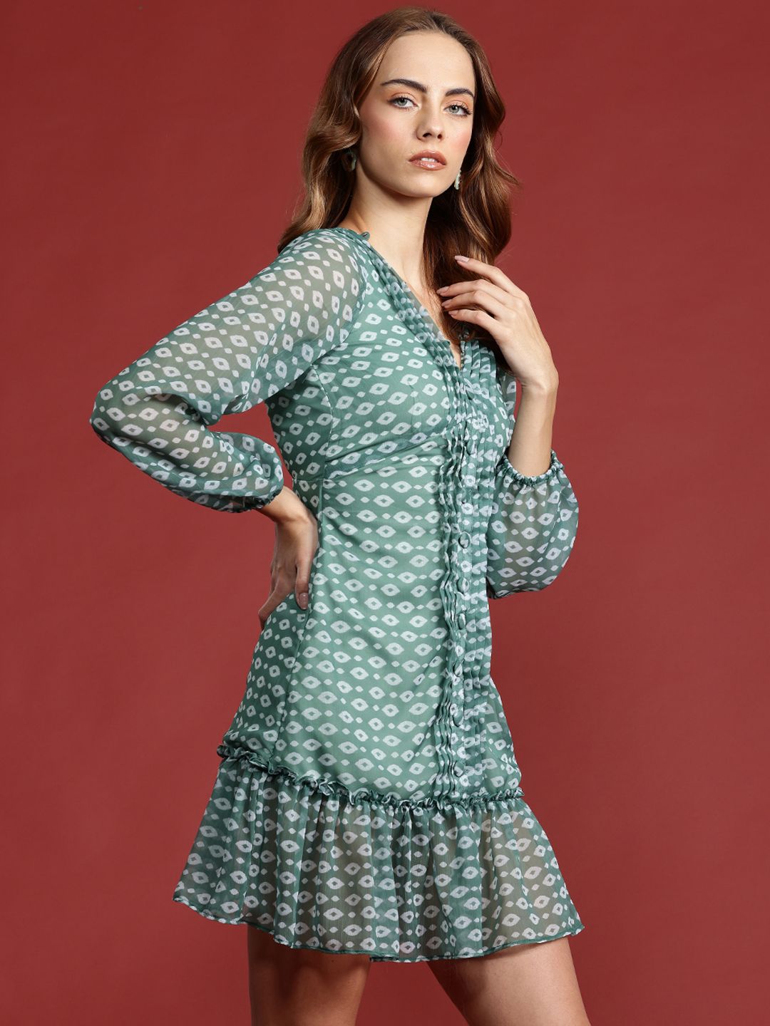 all about you Geometric Print Puff Sleeve Fit & Flare Dress
