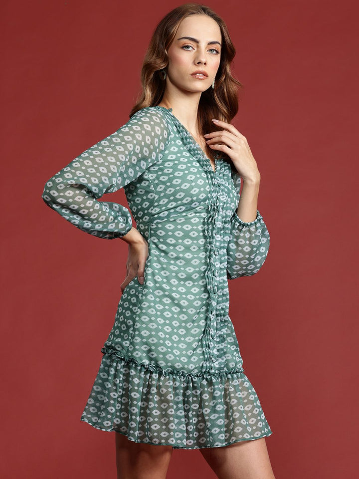 all about you Geometric Print Puff Sleeve Fit & Flare Dress