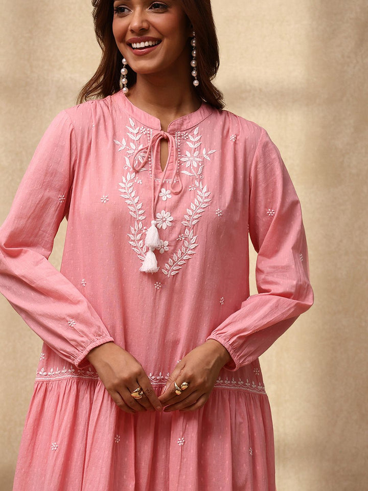 House of Chikankari Women Dust Pink Cotton Chikankari Dress Sulam