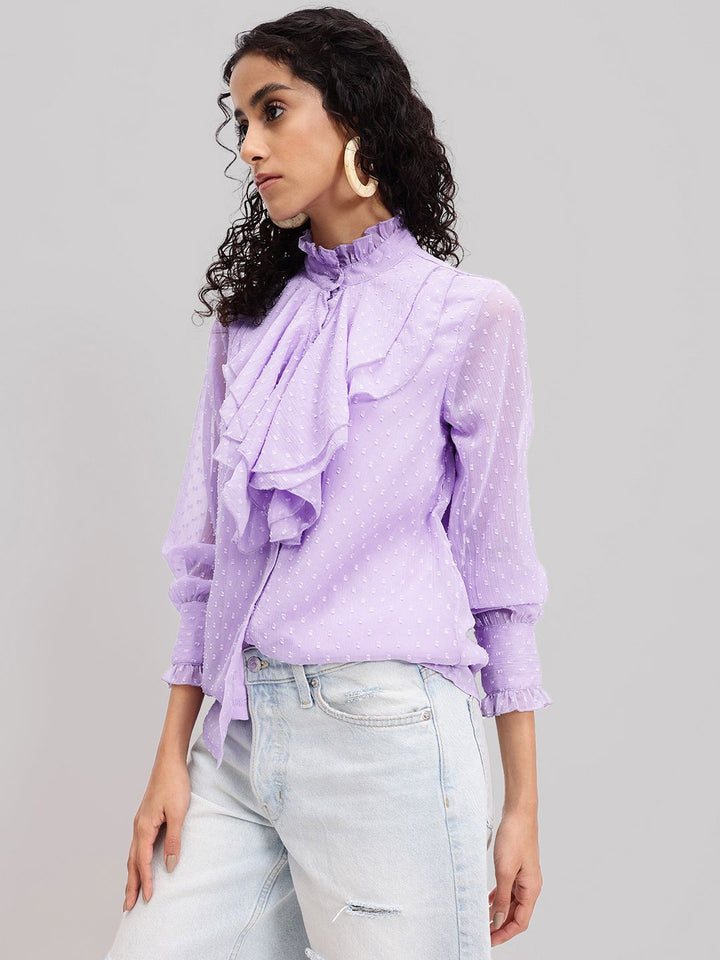 DressBerry Dobby Texture Flounced Cuffed Sleeve Shirt Style Top