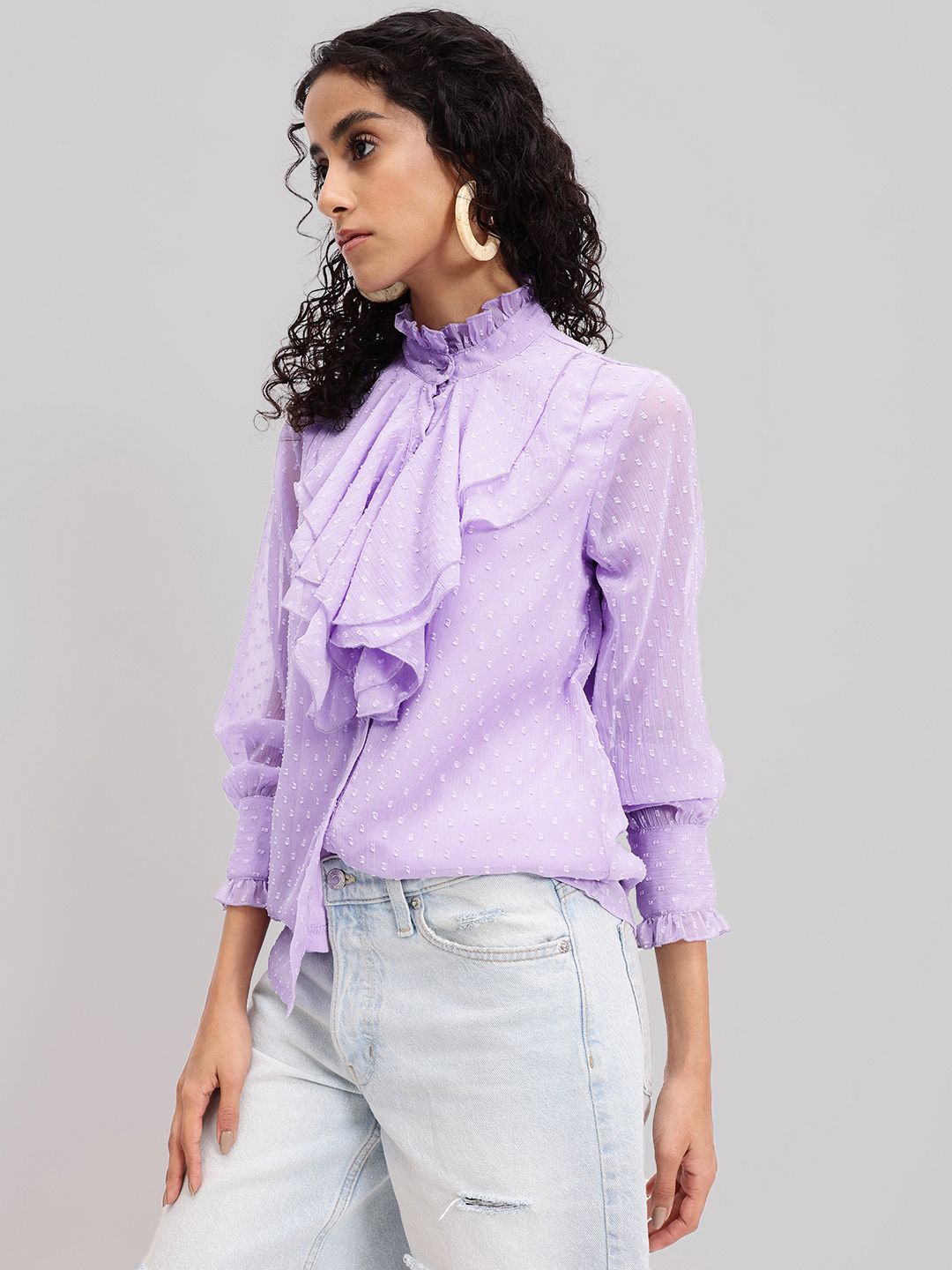 DressBerry Dobby Texture Flounced Cuffed Sleeve Shirt Style Top