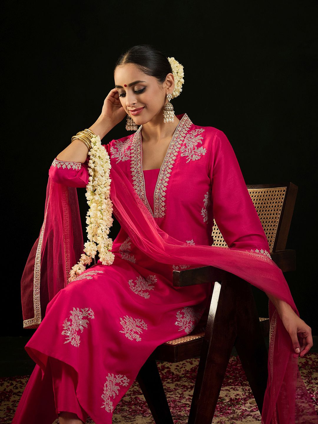 Indo Era V Neck Ethnic Motifs Embroidered Sequinned Kurta with Trouser & Dupatta
