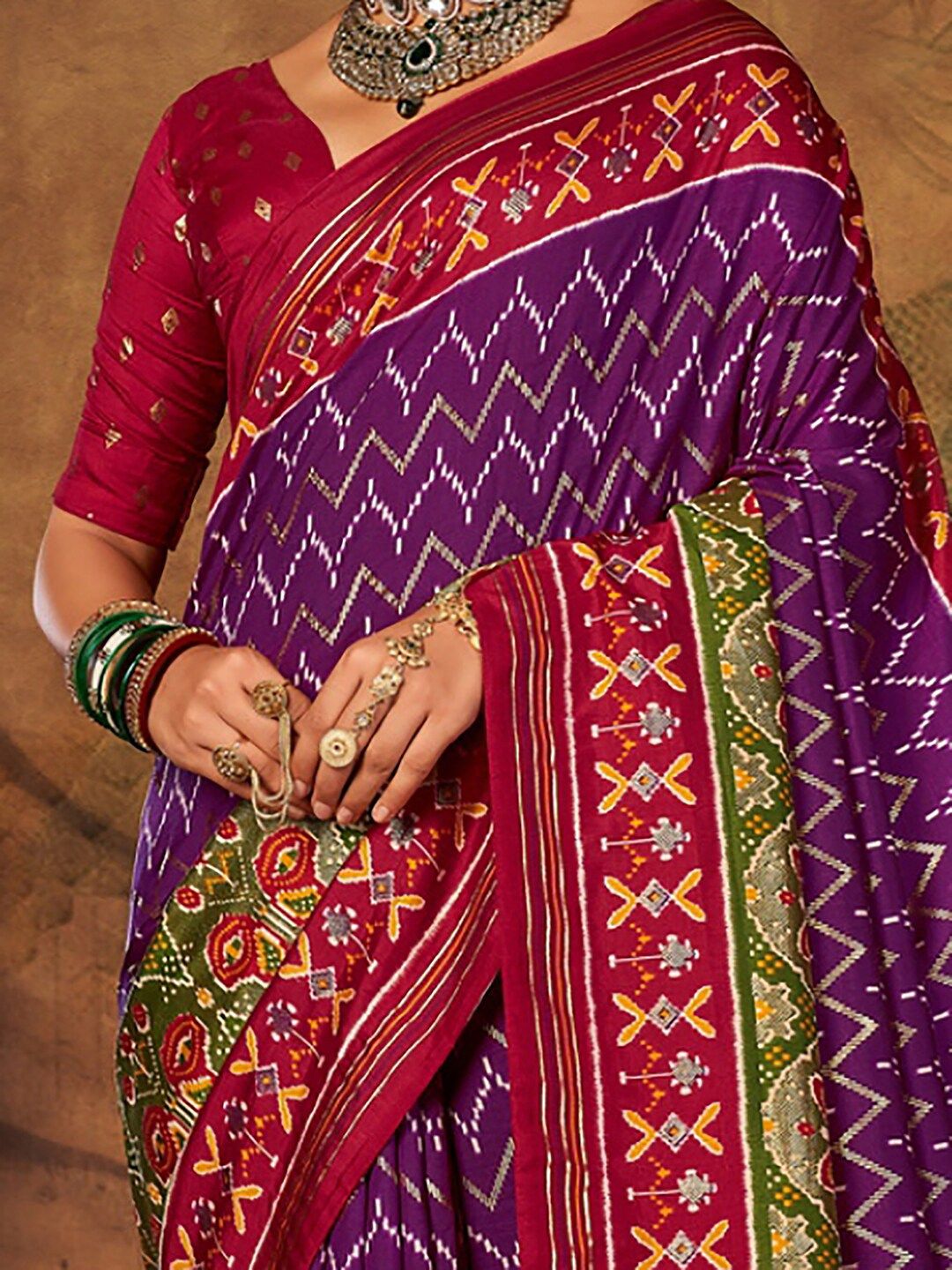 Saree mall Purple & Red Ethnic Motifs Printed Patola Saree