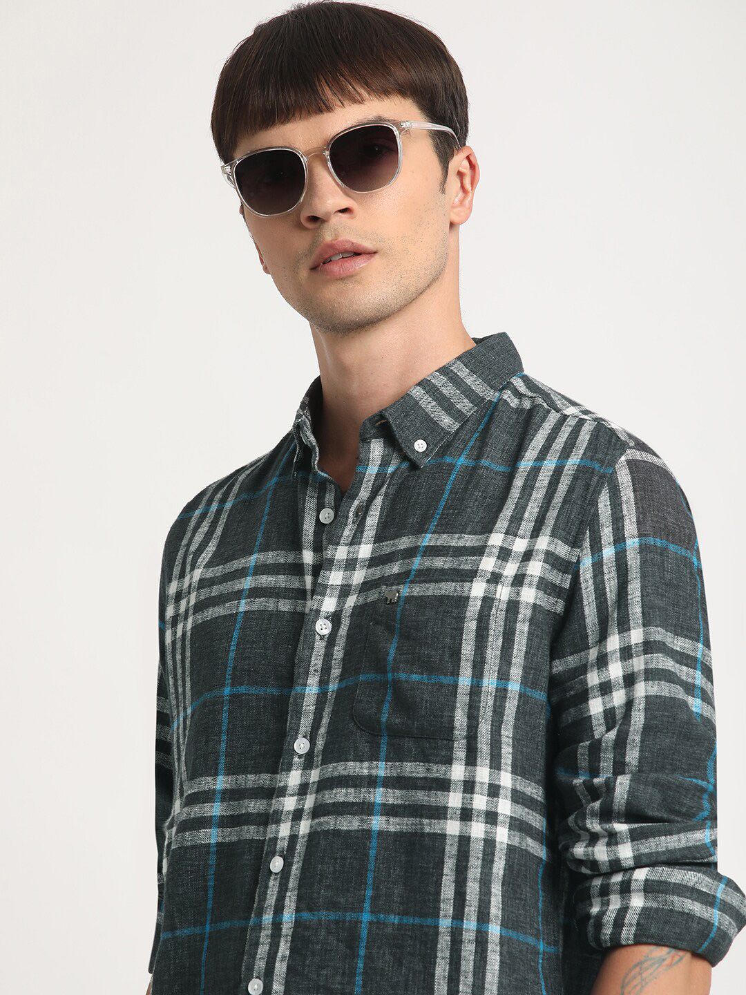 THE BEAR HOUSE Slim Fit Tartan Checked Button Down Collar Twill Casual Shirt