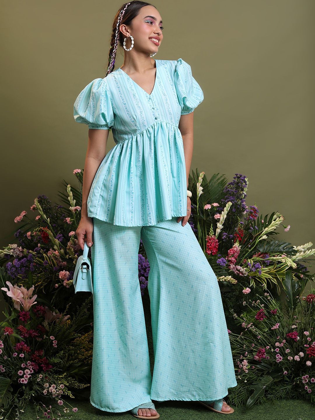 Vishudh Blue Printed A-Line Top & Flared Palazzos