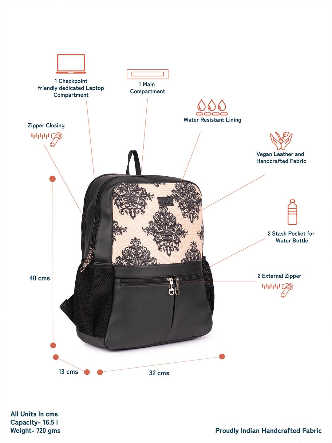 Zouk Women Ethnic Printed Vegan Leather Backpack dengan tali mampatan sehingga 16 inci