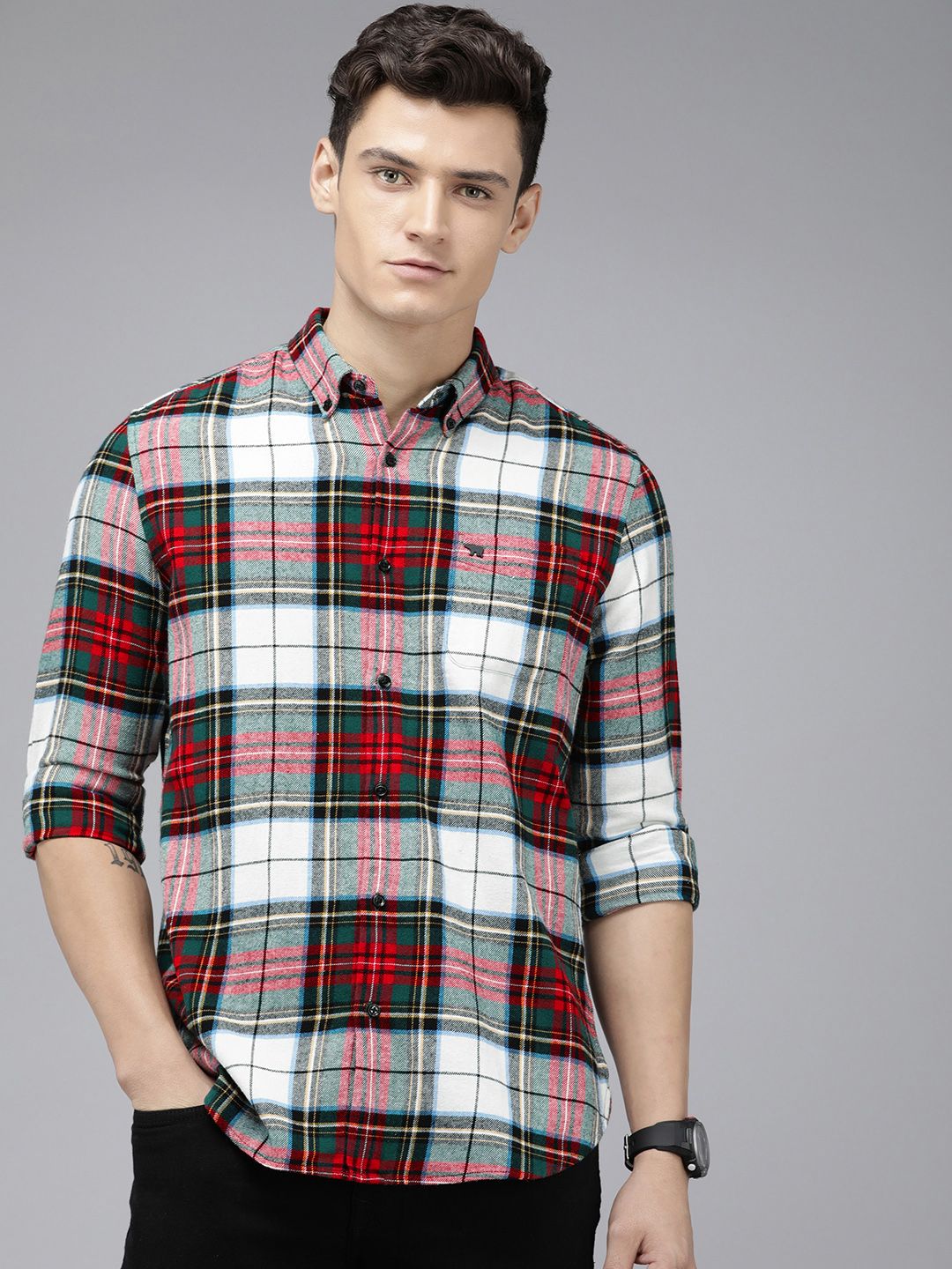THE BEAR HOUSE Men Slim Fit Checked Pure Cotton Casual Shirt