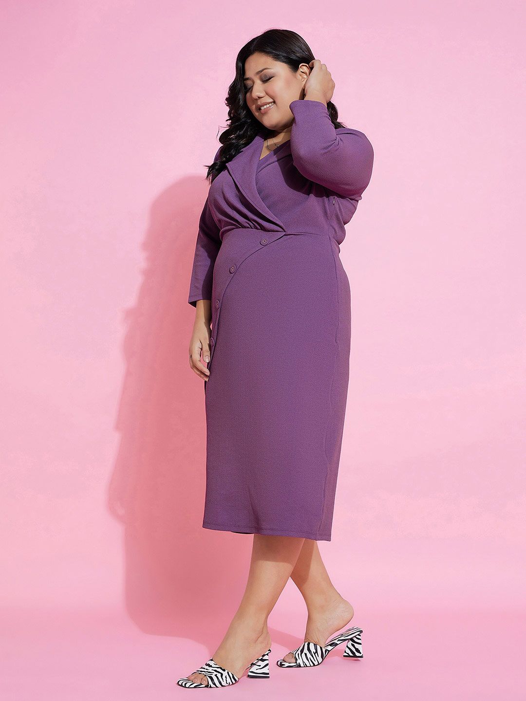 SASSAFRAS Curve Plus Size Shirt Collar Wrap Midi Dress