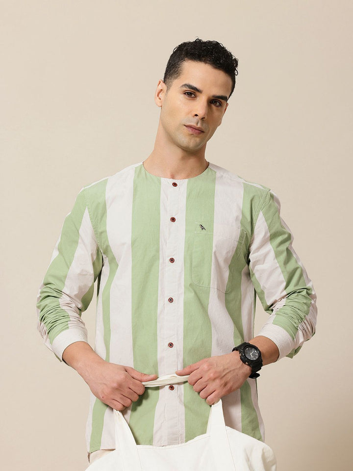 Mr Bowerbird Pure Cotton Collarless Striped Liberal Fit Casual Shirt