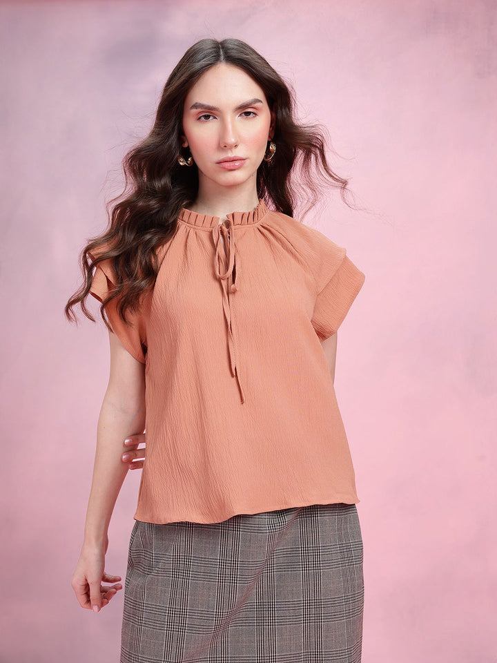 DressBerry Crinkled Effect Tie-Up Neck Flutter Sleeves Top with Ruffled Detail