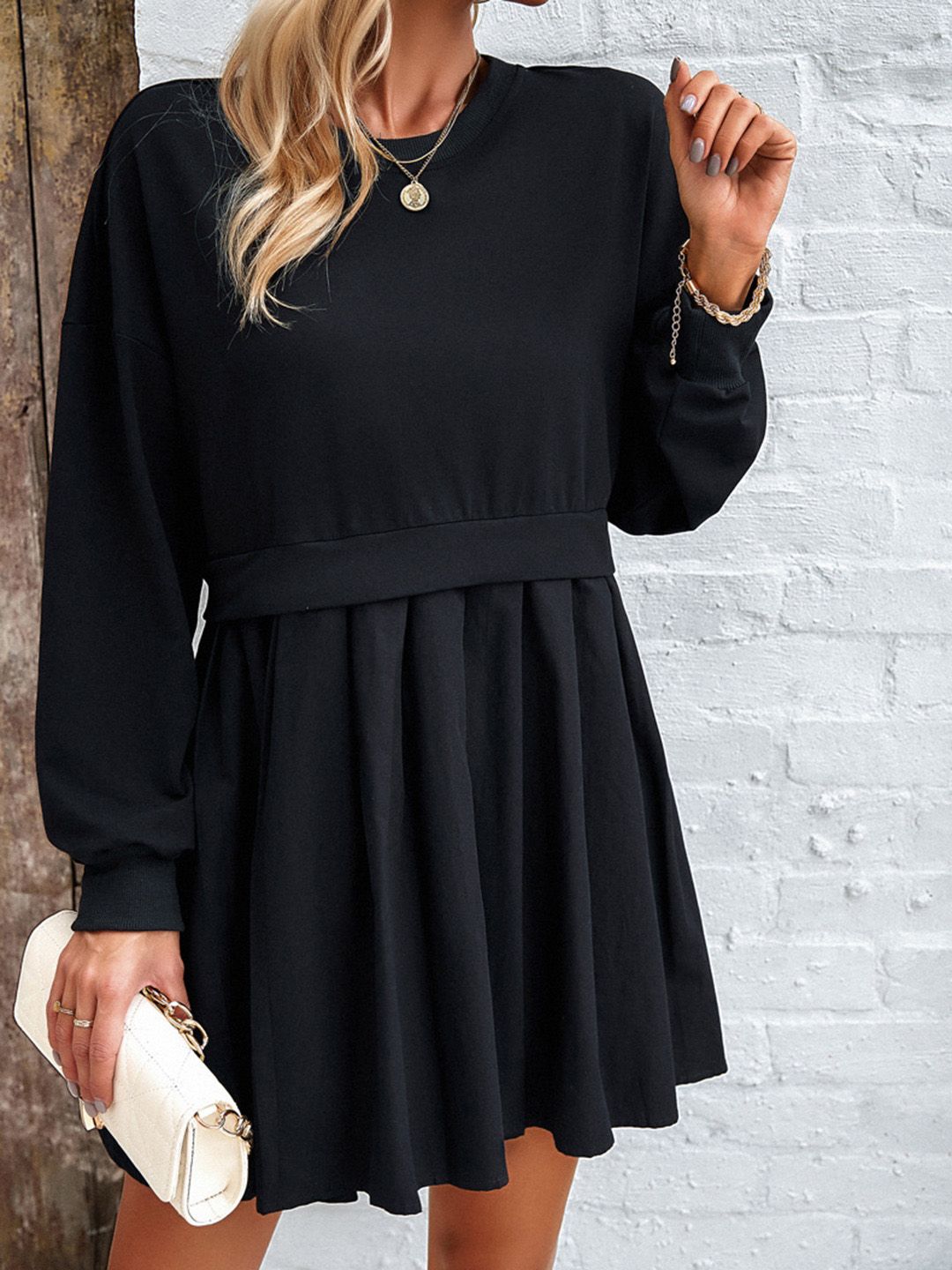 all about you Round Neck Cuffed Sleeves Pleated Cotton Fit & Flare Dress